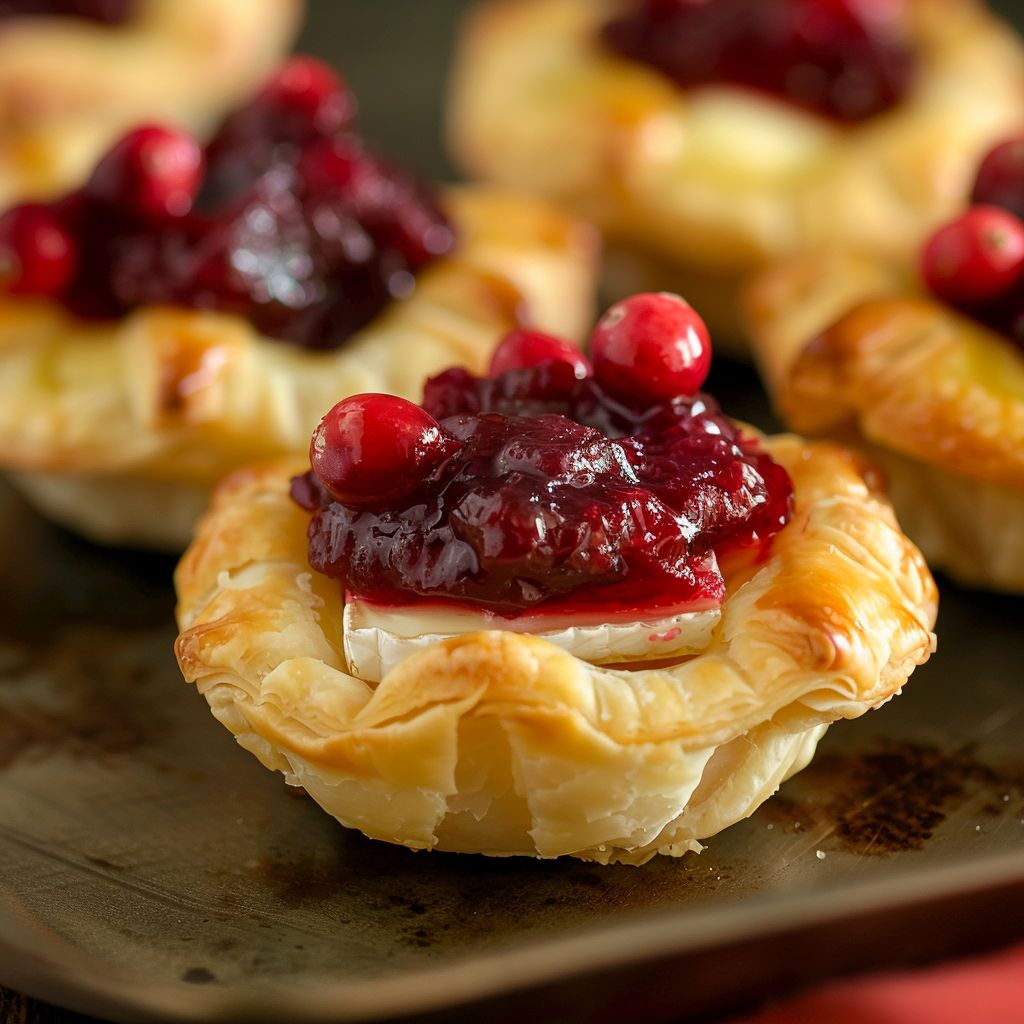 Close-up of golden-brown cranberry brie bites arranged on a rustic wooden surface.