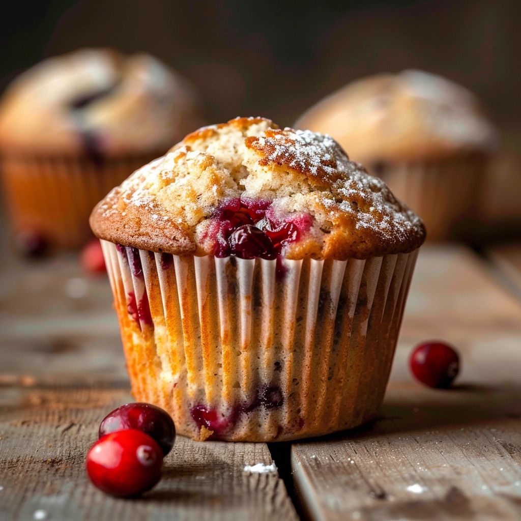 Close-up of freshly baked cranberry muffins, showcasing their golden tops and rich red berries.