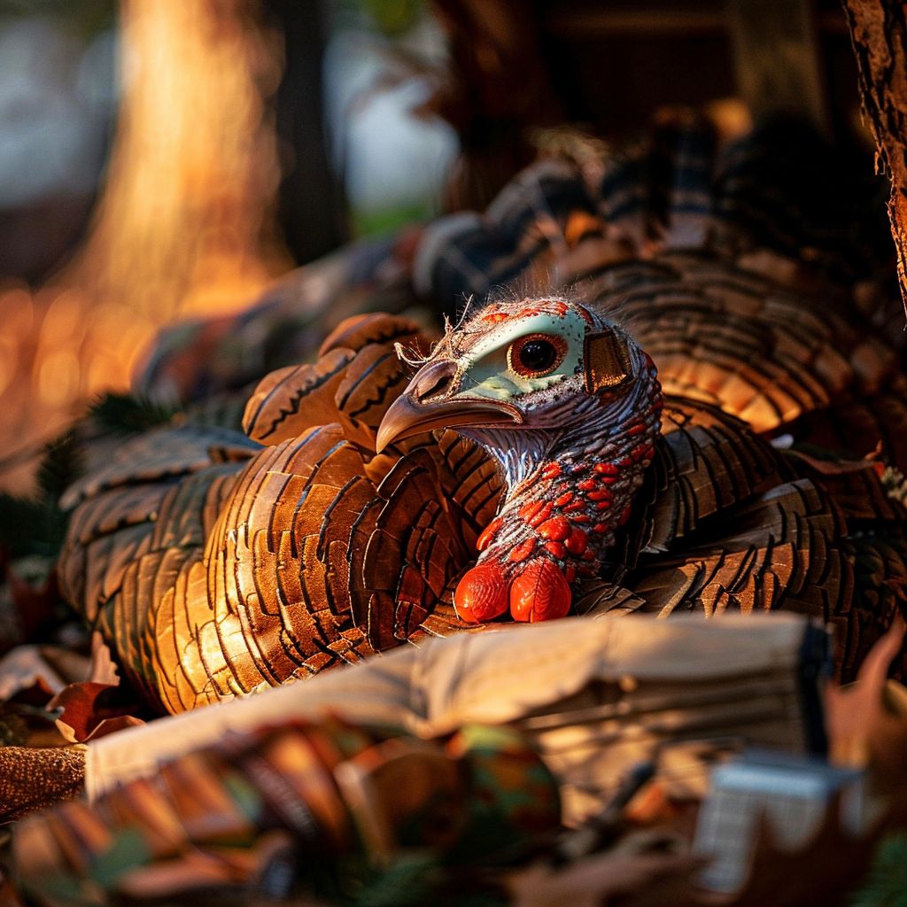 Close-up shot of turkey hunting gear with soft natural light and blurred background.