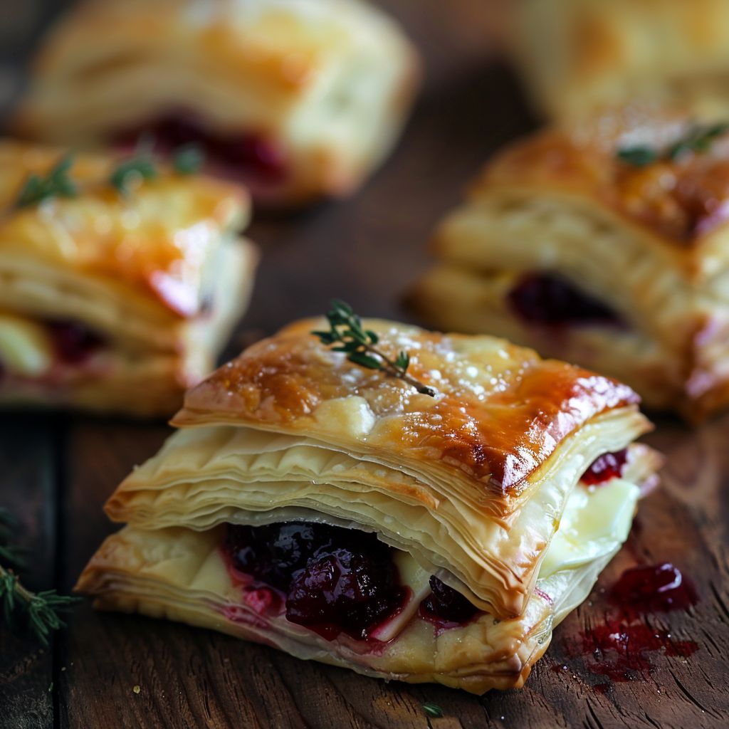 Close-up of golden puff pastry bites filled with brie and cranberry sauce, garnished with rosemary.