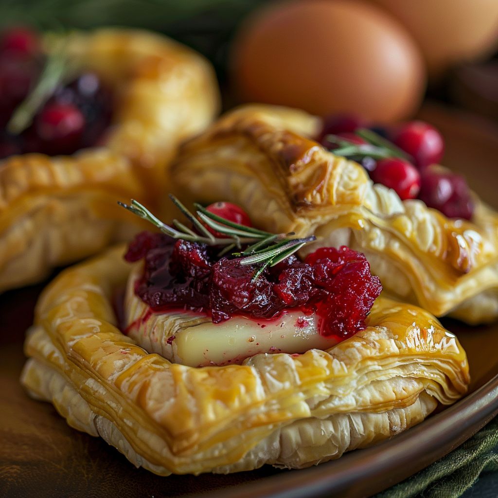 Close-up of golden-brown puff pastry filled with gooey brie and topped with vibrant cranberry sauce.
