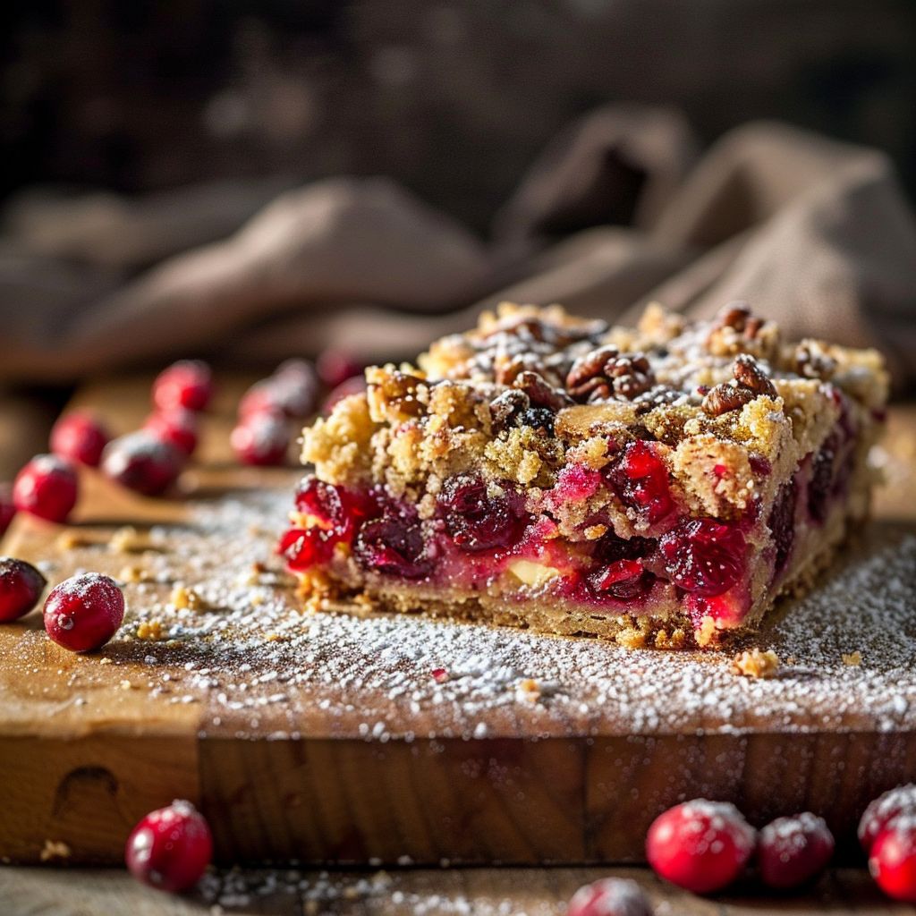 A close-up of moist cranberry bars with a golden-brown crust and visible cranberries, set against a blurred cozy background.