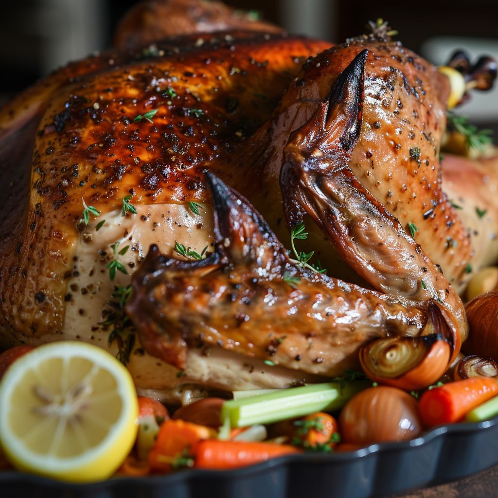 Close-up of a perfectly roasted garlic herb butter turkey garnished with herbs.