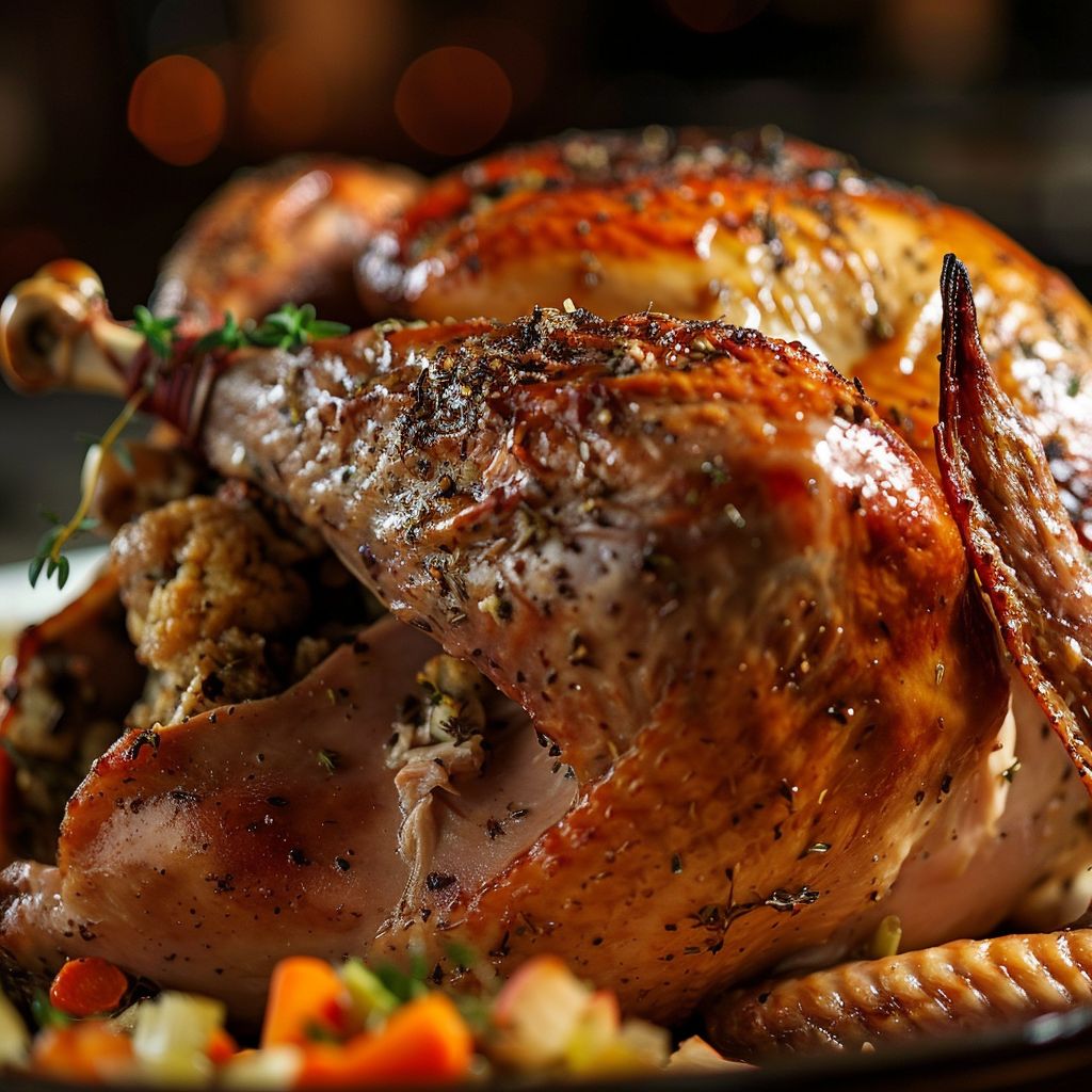 A close-up of a perfectly roasted turkey with golden-brown skin, garnished with fresh herbs, set on a rustic wooden table.