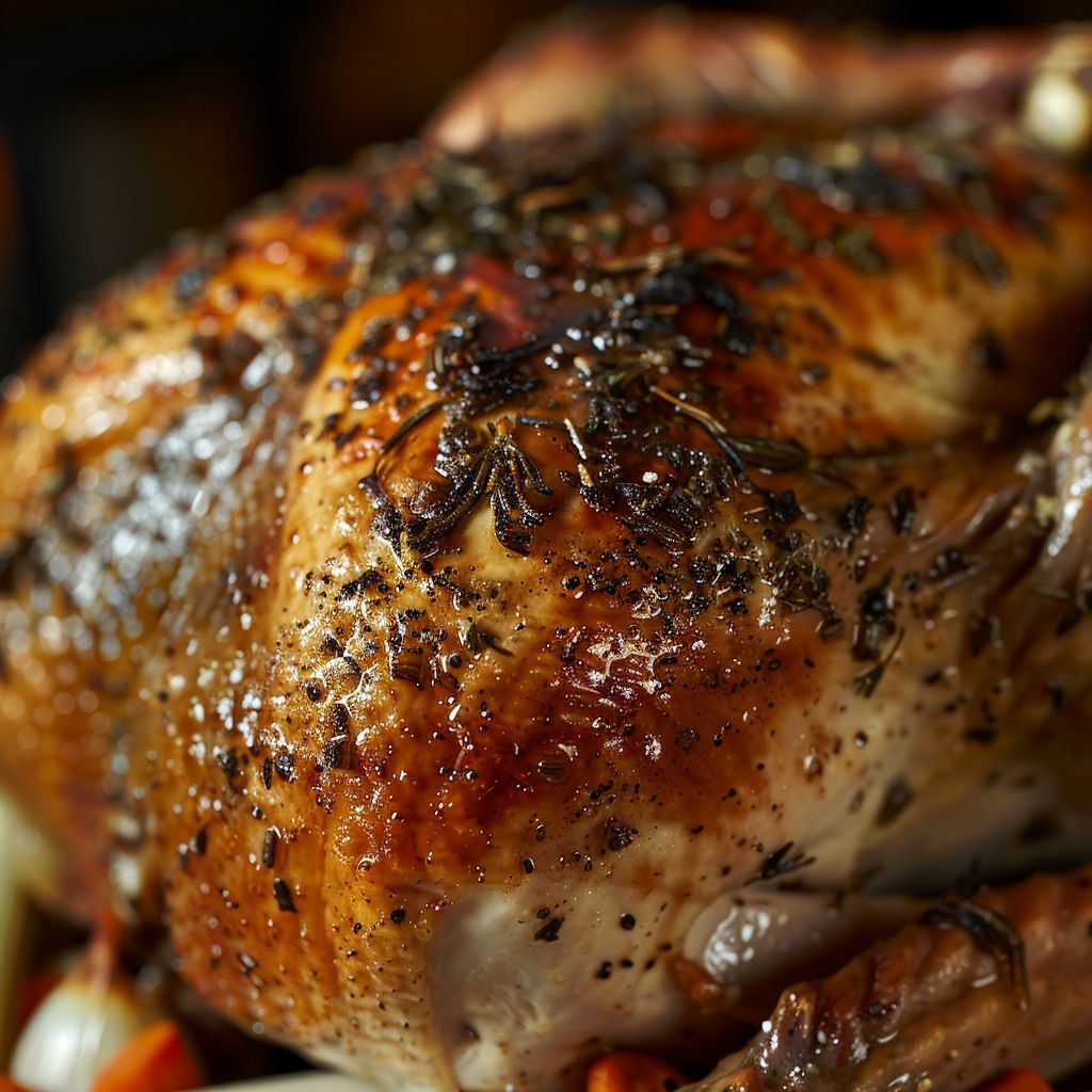 Close-up view of a perfectly roasted turkey with a golden-brown skin, seasoned with herbs and surrounded by vegetables.