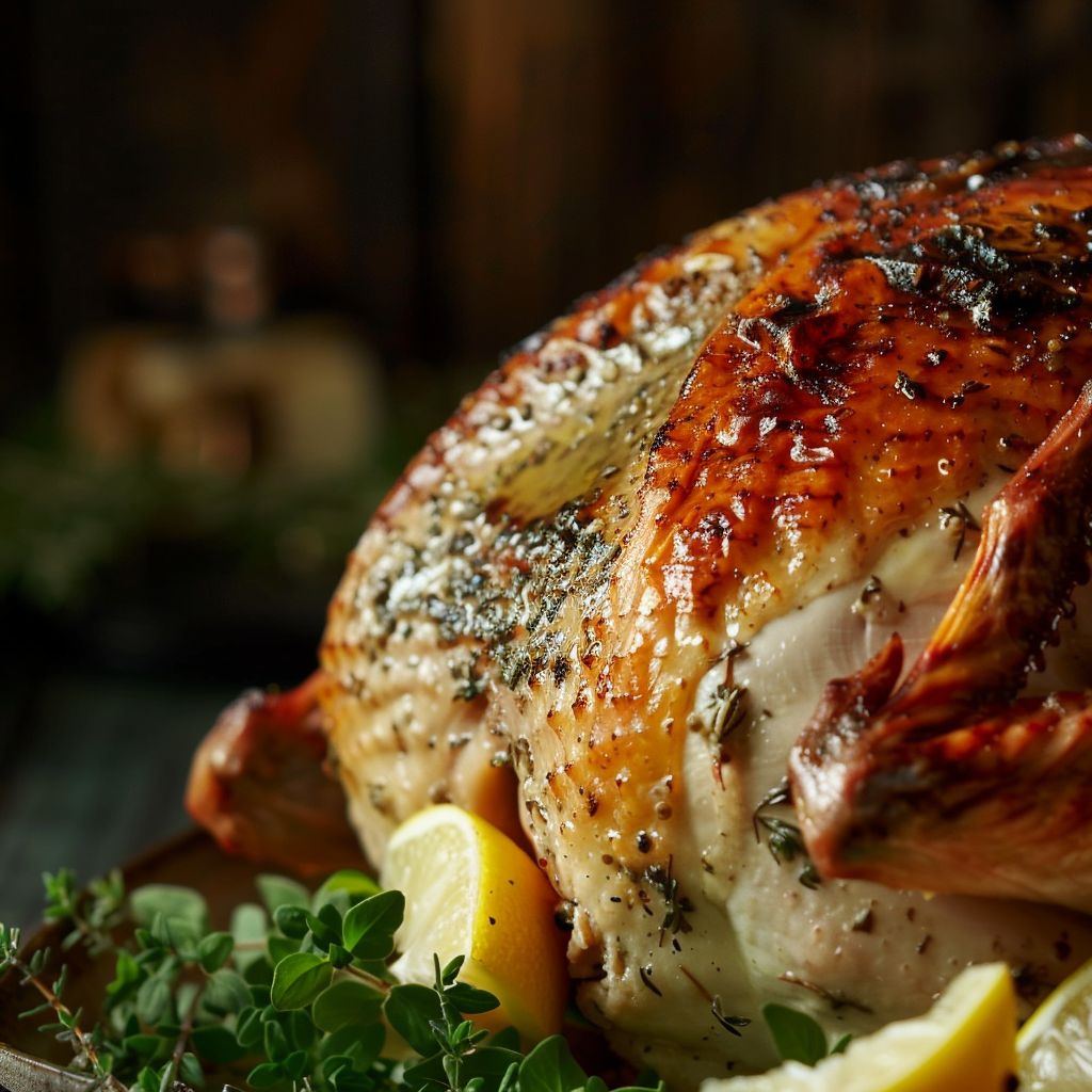Close-up of a beautifully roasted turkey breast with golden skin and herbs.