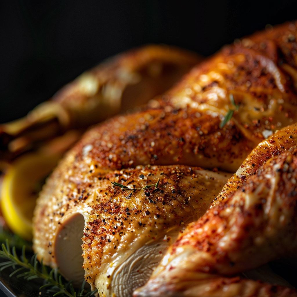 Close-up of a crispy spatchcock turkey, golden and glistening with herbs.