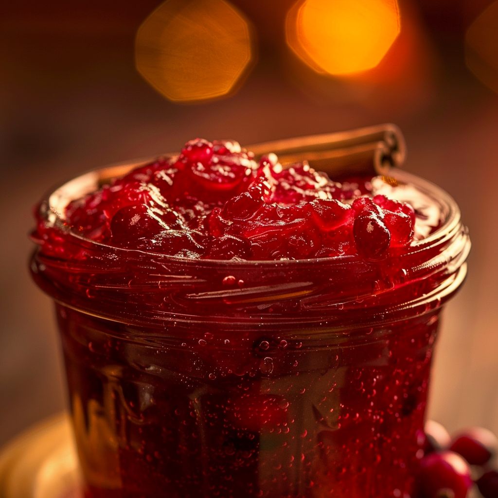 Close-up shot of homemade Sweet Christmas Cranberry Jam in a glass jar with a cinnamon stick and orange zest decorations.