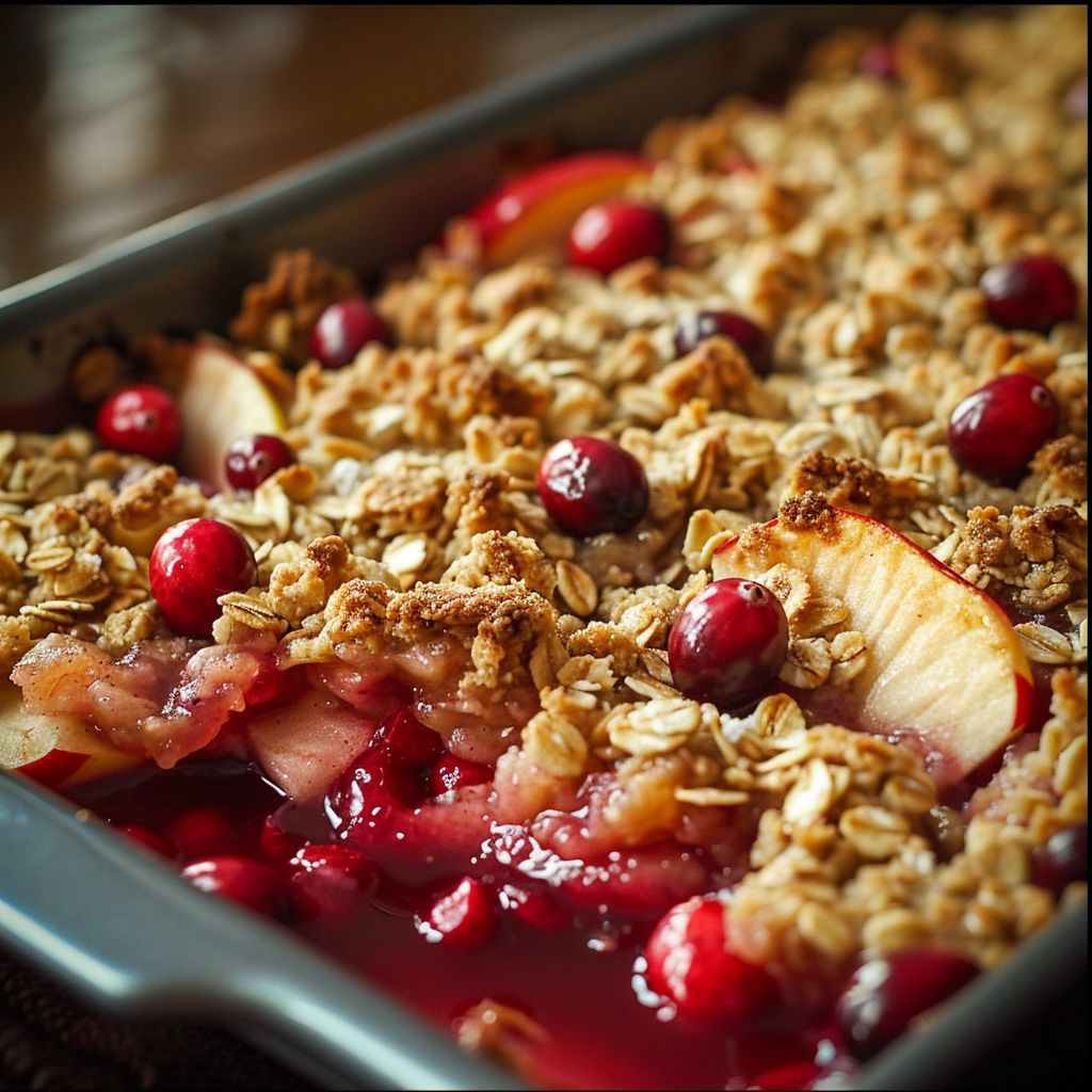 Close-up of a warm cranberry apple crisp topped with a golden brown crumble.