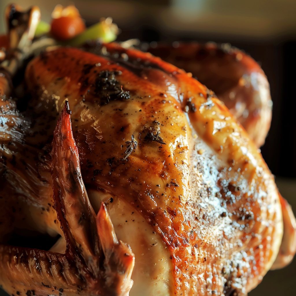 Close-up of a crispy Thanksgiving turkey with golden-brown skin, surrounded by soft shadows.