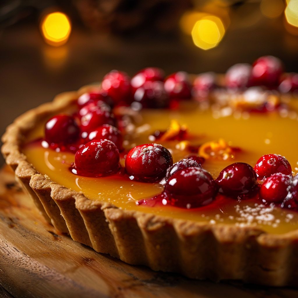 Close-up of a vibrant Cranberry-Orange Curd Tart with a glossy top and golden crust.