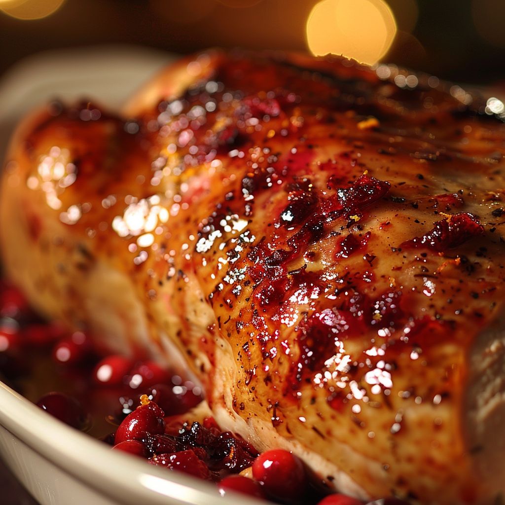 Close-up of a glazed turkey breast with cranberry and orange, showcasing texture and shine.