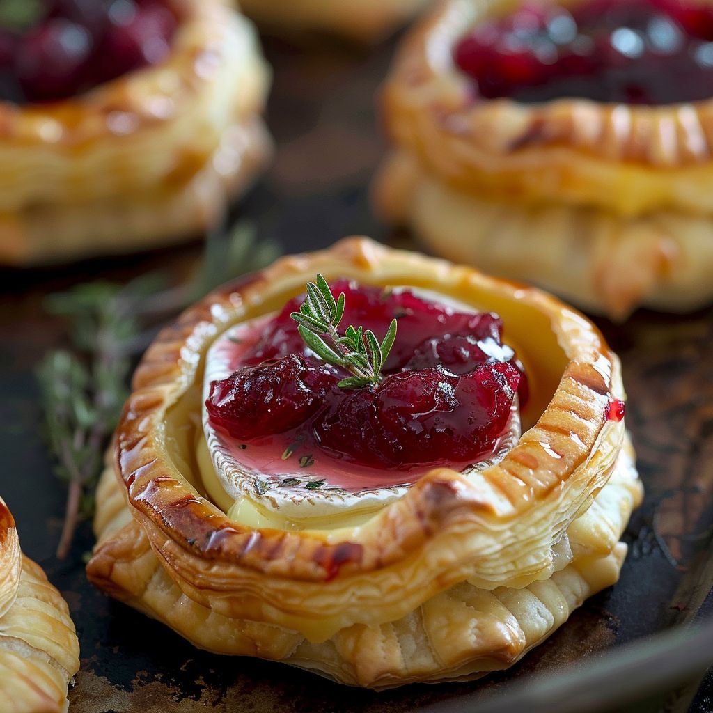 Close-up of baked cranberry brie bites on a wooden board, garnished with fresh herbs.