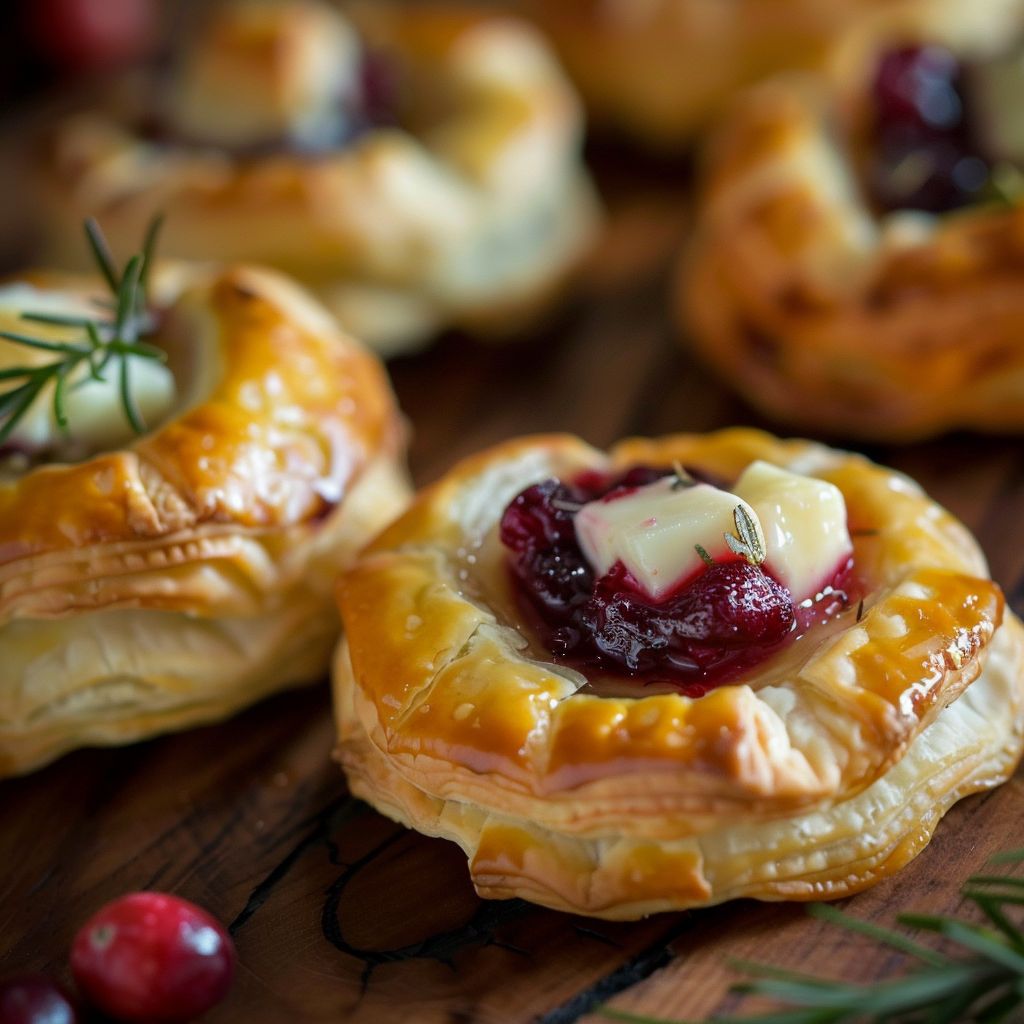 Close-up of golden-brown cranberry brie bites on a rustic wooden surface.