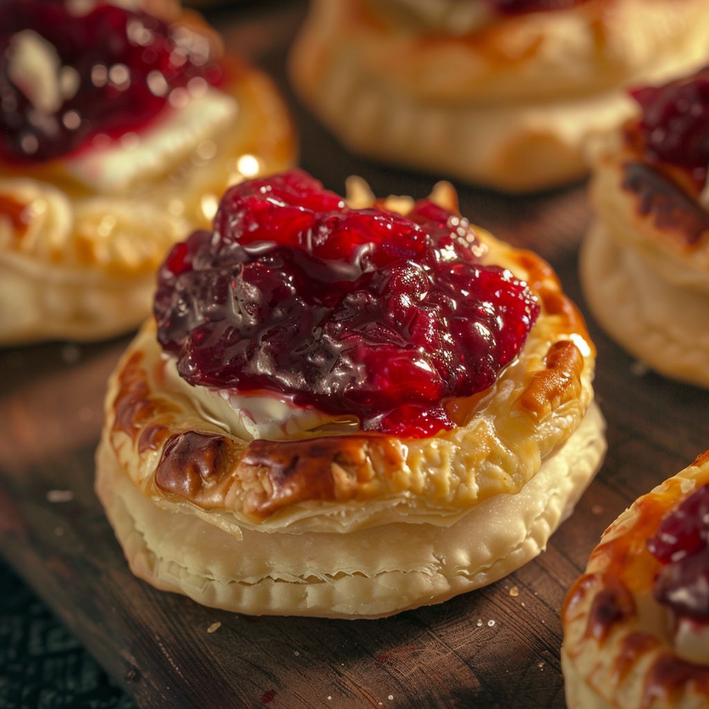Close-up of golden-brown cranberry brie bites arranged on a rustic wooden surface.