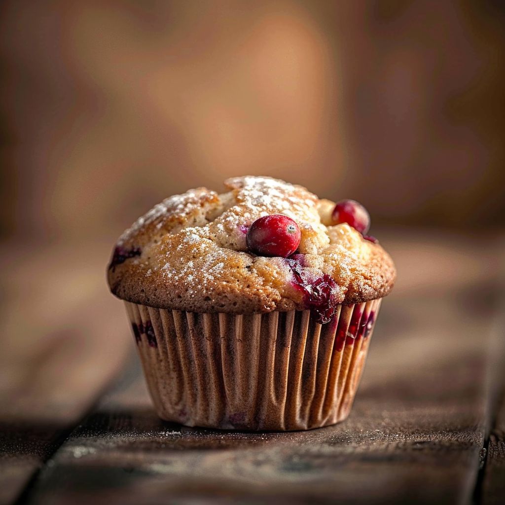 Close-up of freshly baked cranberry muffins, showcasing their golden tops and rich red berries.