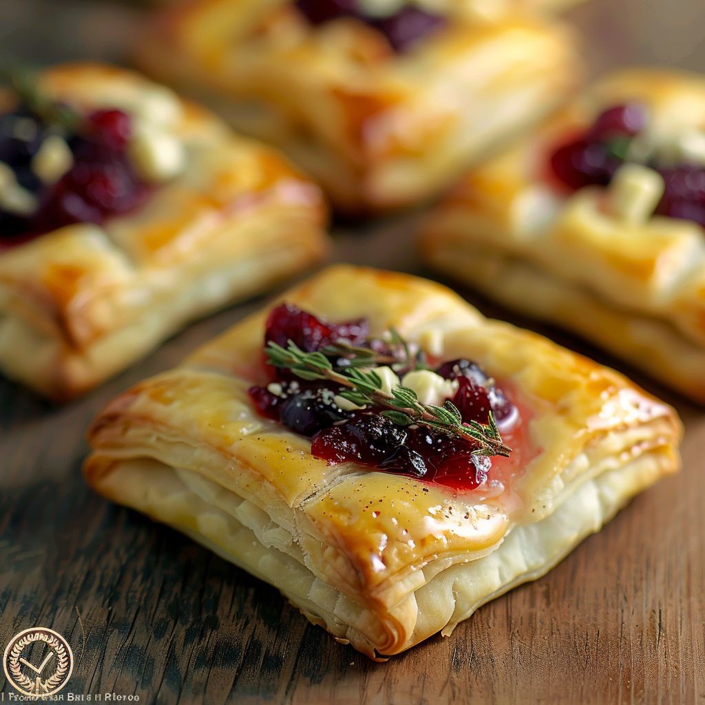 Close-up of golden puff pastry bites filled with brie and cranberry sauce, garnished with rosemary.