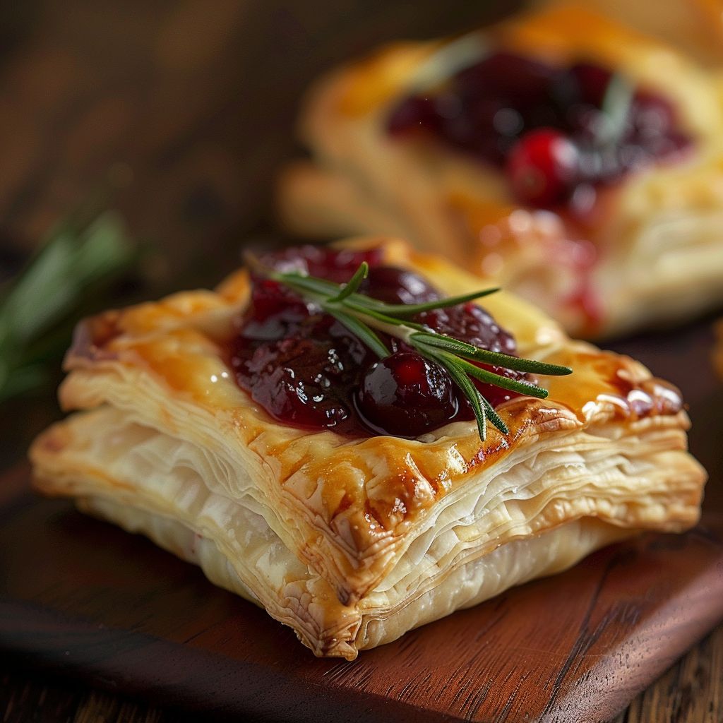 Close-up of golden-brown puff pastry filled with gooey brie and topped with vibrant cranberry sauce.