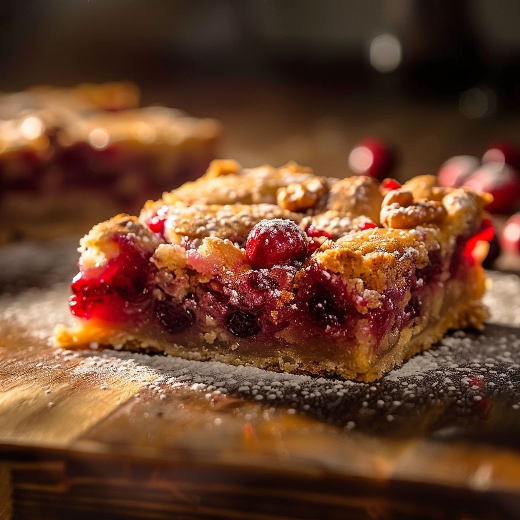 A close-up of moist cranberry bars with a golden-brown crust and visible cranberries, set against a blurred cozy background.