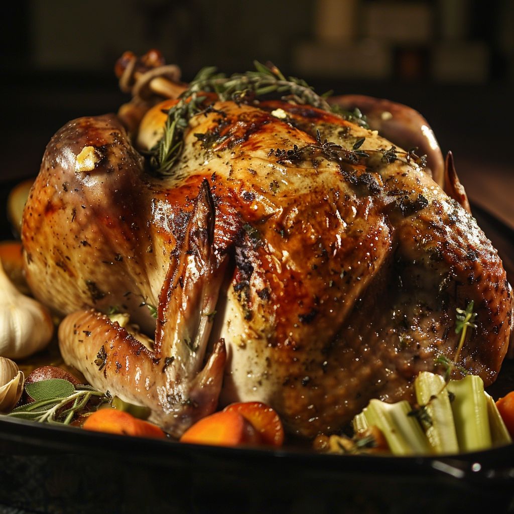 Close-up of a roasted turkey with herb butter, showcasing golden-brown skin and garnishes.