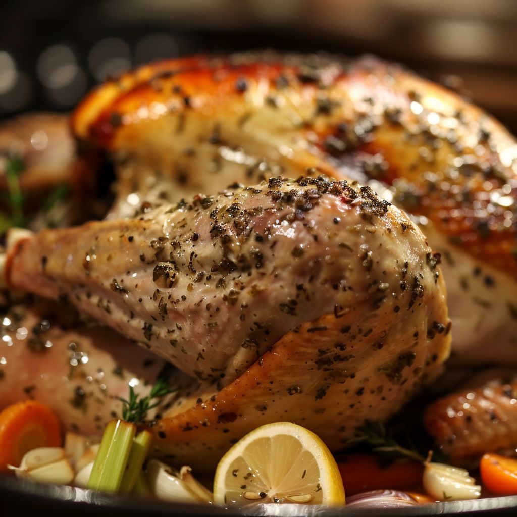 Close-up of a perfectly roasted garlic herb butter turkey garnished with herbs.
