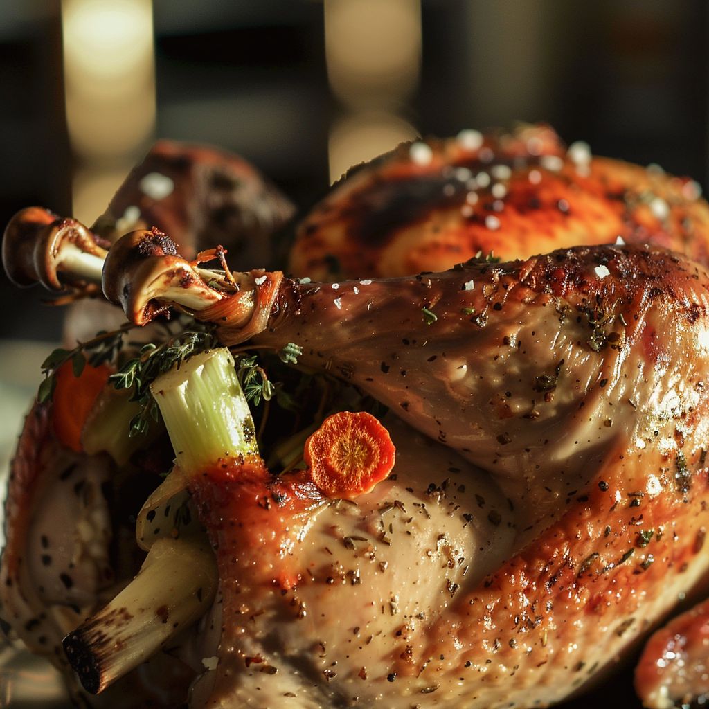 Close-up view of a perfectly roasted turkey with a golden-brown skin, seasoned with herbs and surrounded by vegetables.