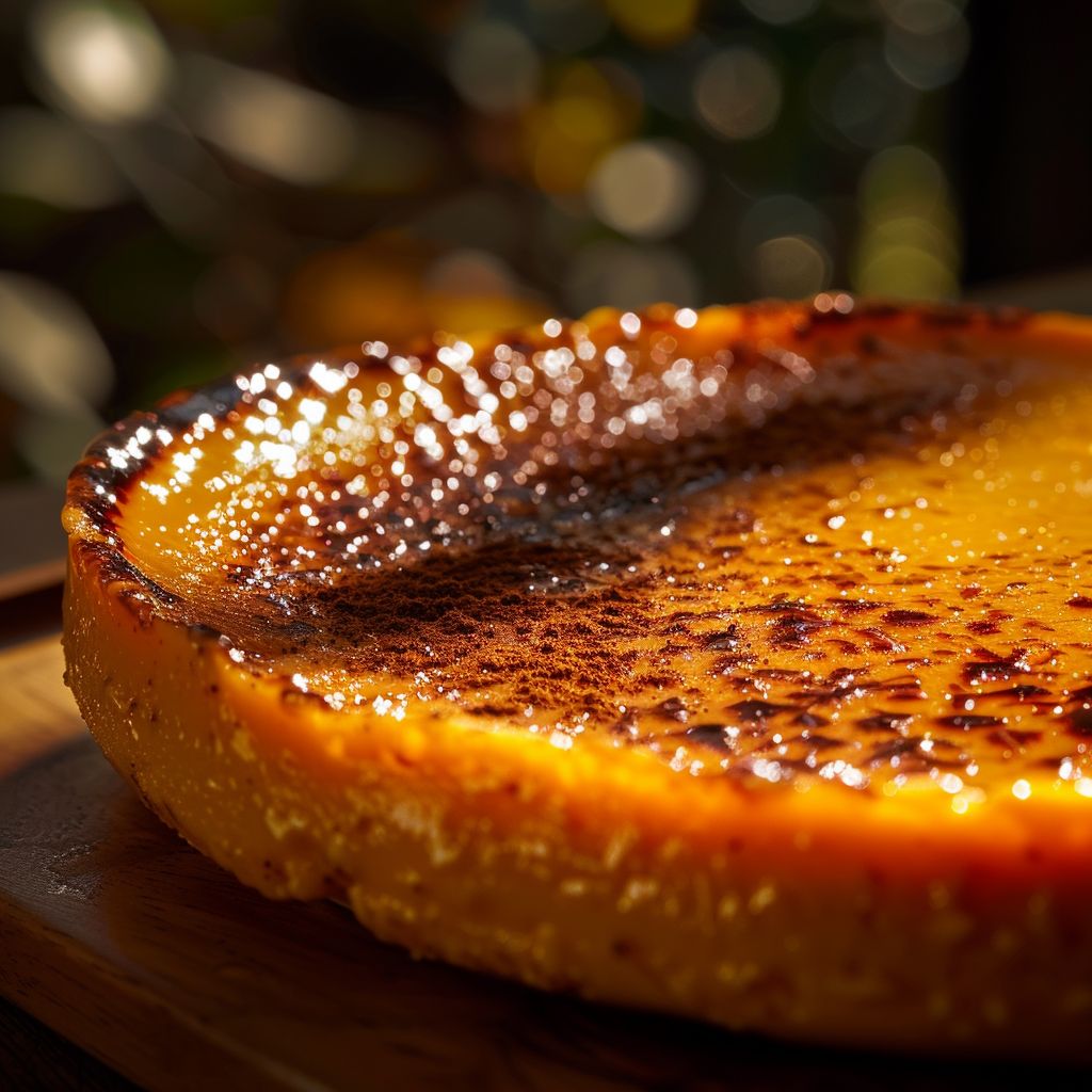 Close-up of a creamy pumpkin crème brûlée with a caramelized top and warm lighting.