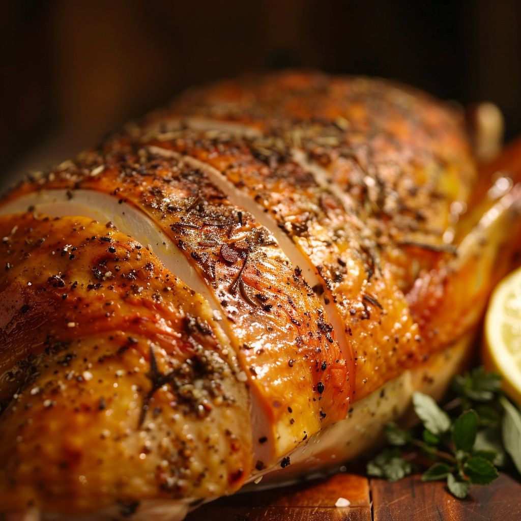 Close-up of a beautifully roasted turkey breast with golden skin and herbs.