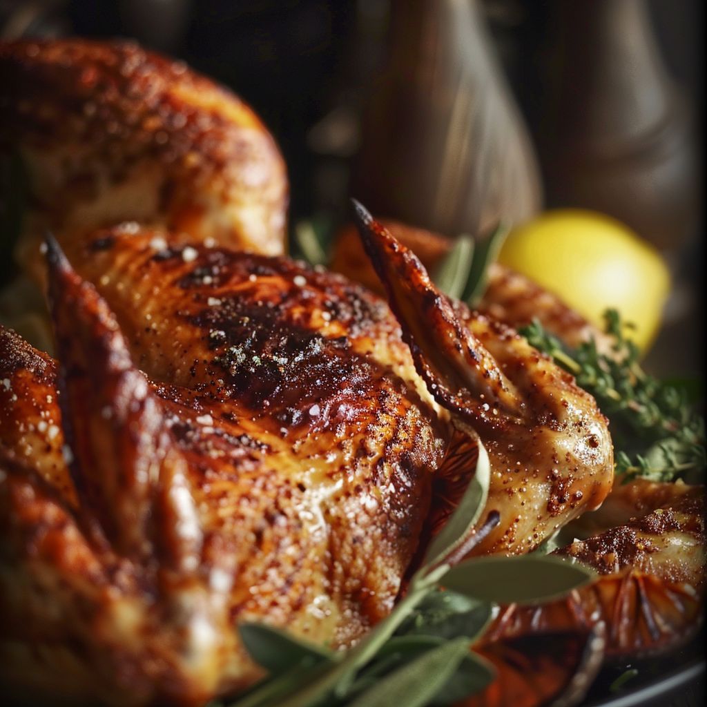 Close-up of a crispy spatchcock turkey, golden and glistening with herbs.
