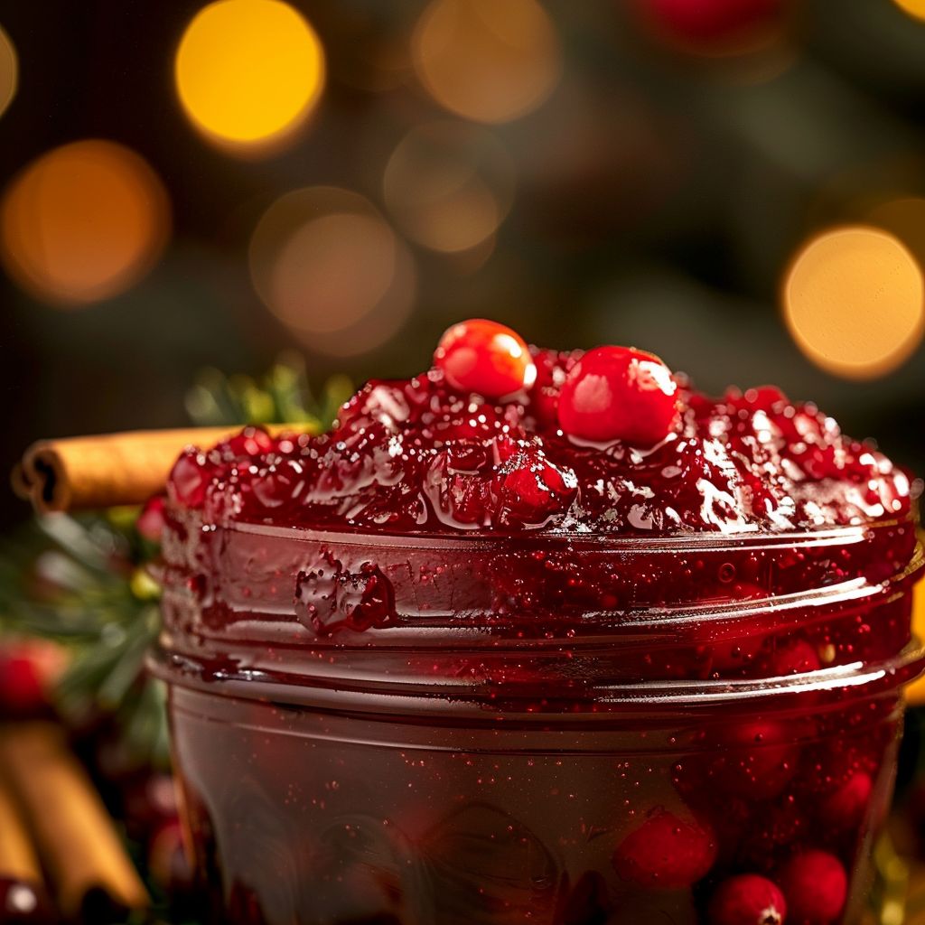 Close-up shot of homemade Sweet Christmas Cranberry Jam in a glass jar with a cinnamon stick and orange zest decorations.