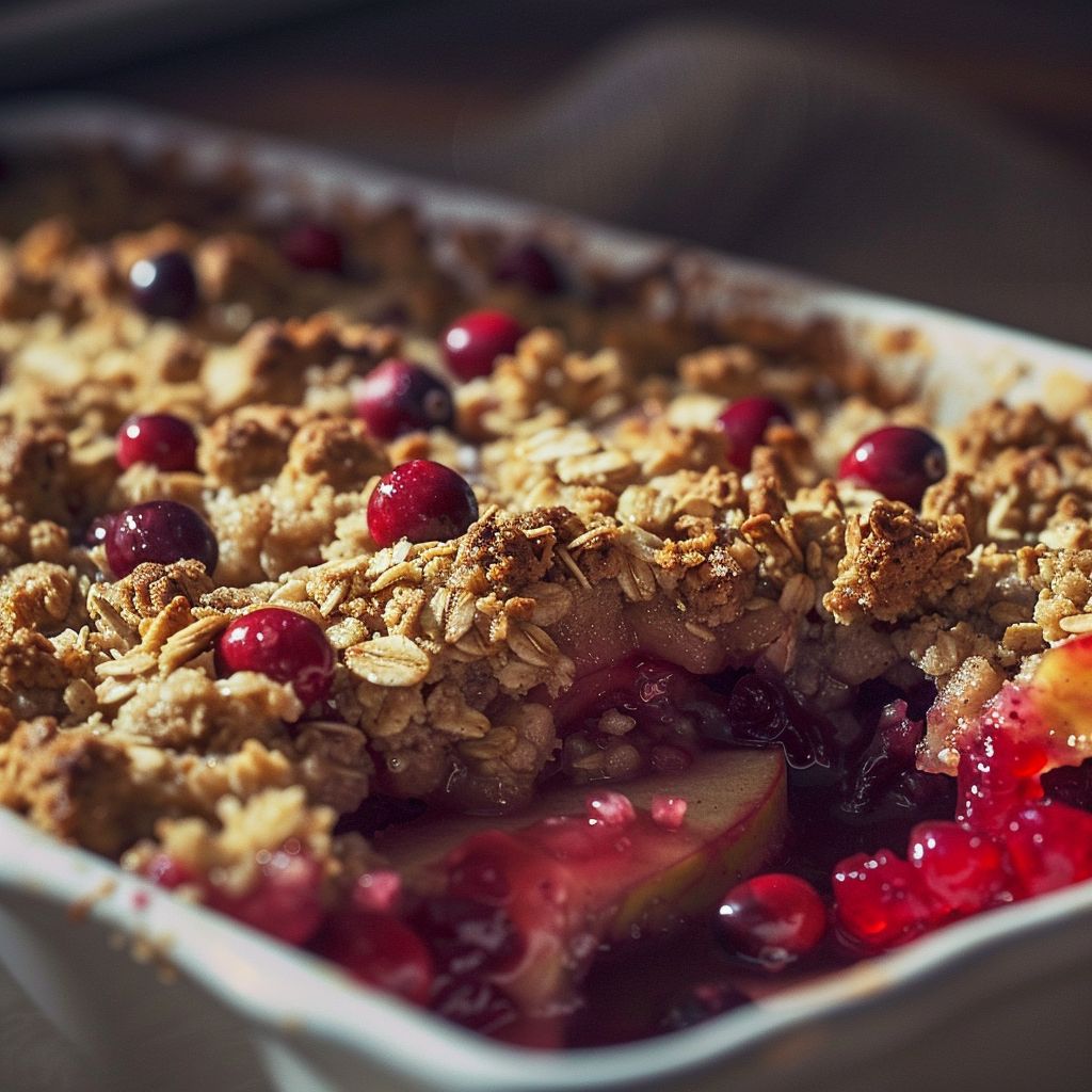 Close-up of a warm cranberry apple crisp topped with a golden brown crumble.