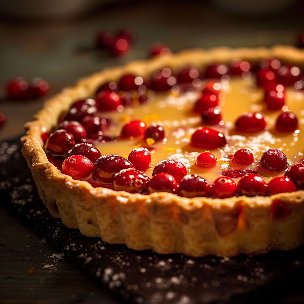 Close-up of a vibrant Cranberry-Orange Curd Tart with a glossy top and golden crust.