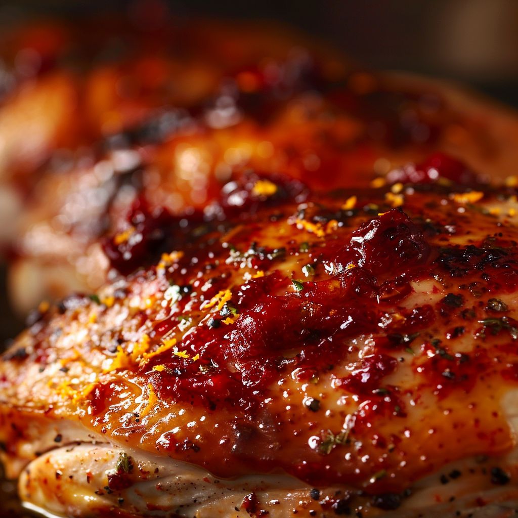 Close-up of a glazed turkey breast with cranberry and orange, showcasing texture and shine.