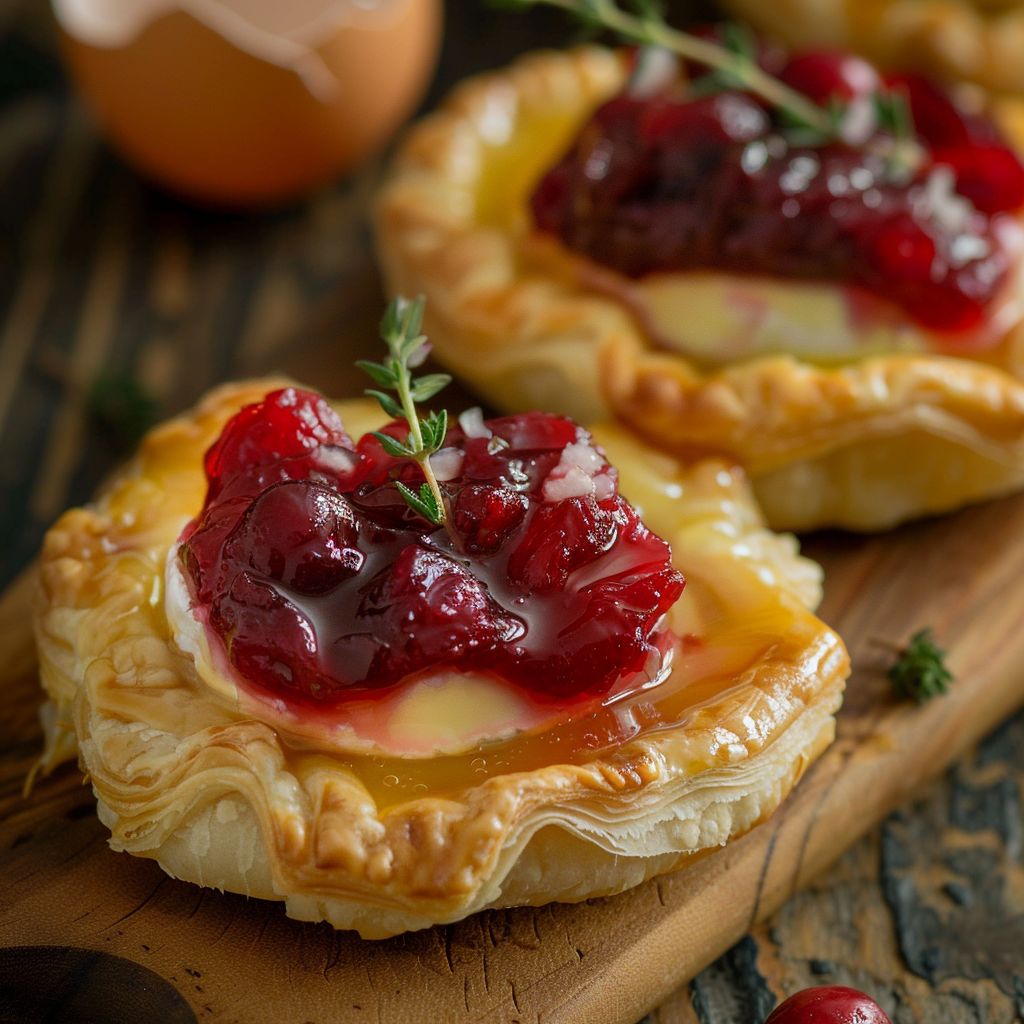 Close-up of baked cranberry brie bites on a wooden board, garnished with fresh herbs.