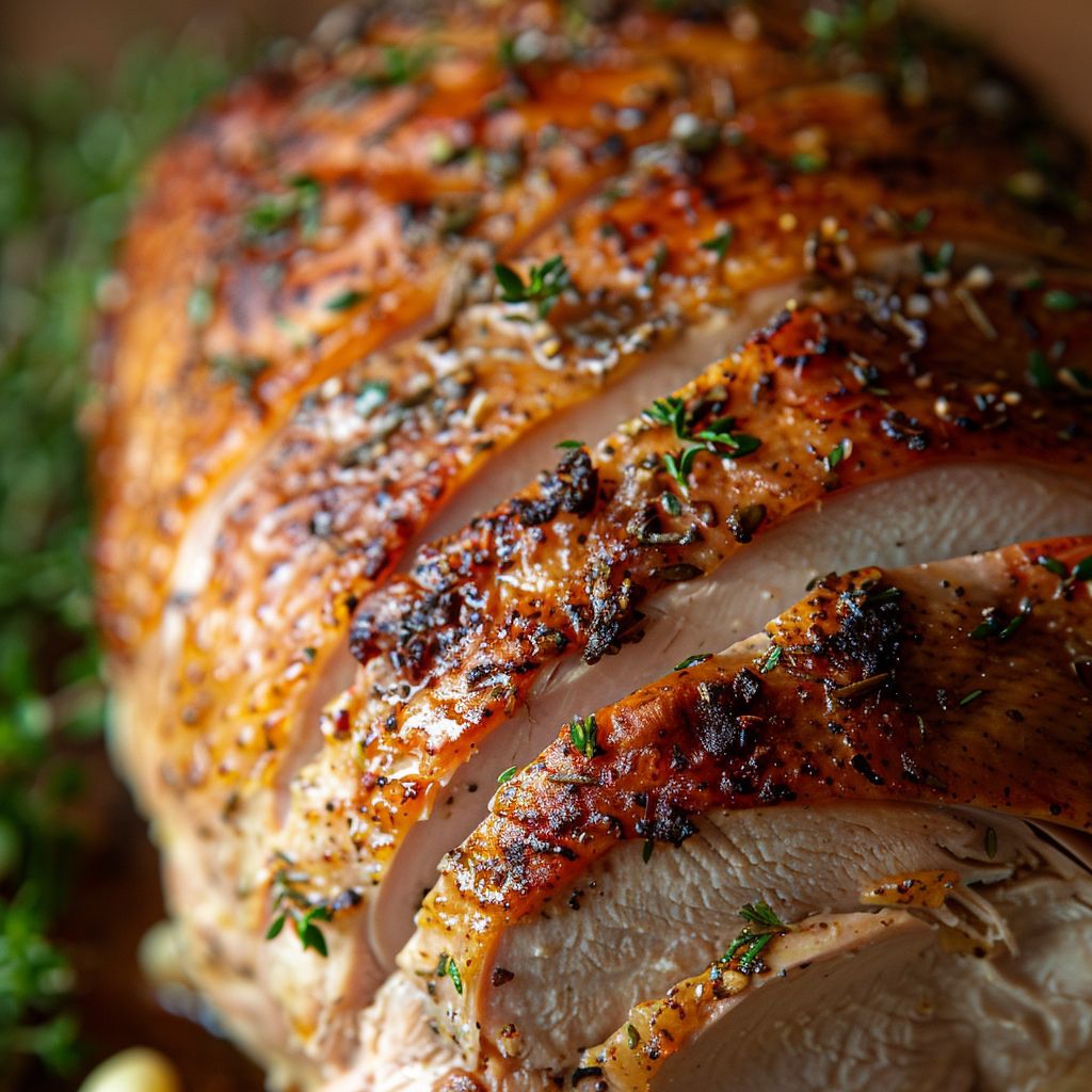 Close-up view of a juicy Butterball turkey roast garnished with herbs, set against a cozy blurred background.