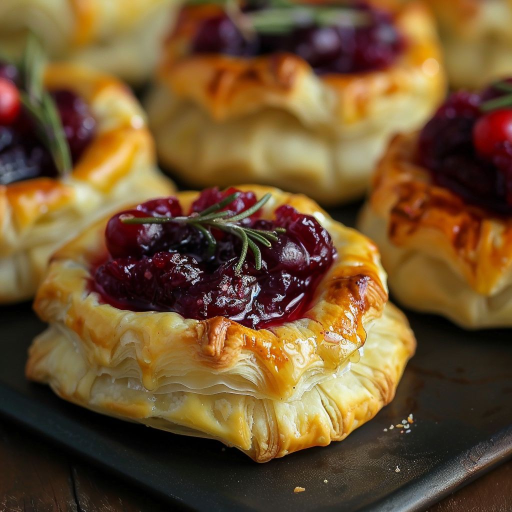 Close-up of golden-brown cranberry brie bites on a rustic wooden surface.