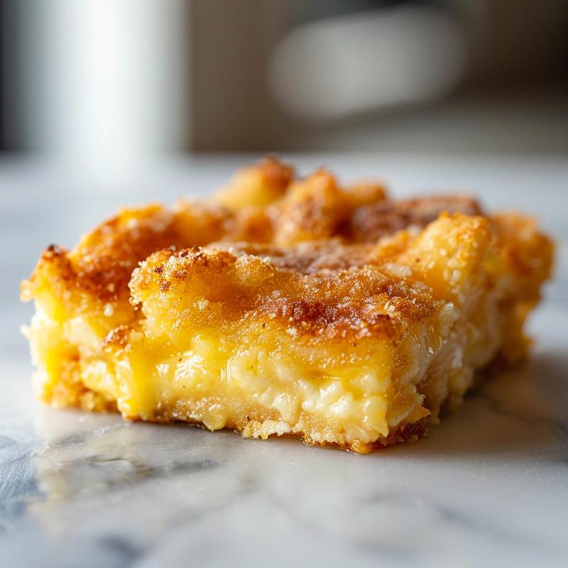 A close-up view of a slice of cherry dump cake on a white plate with a marble background.