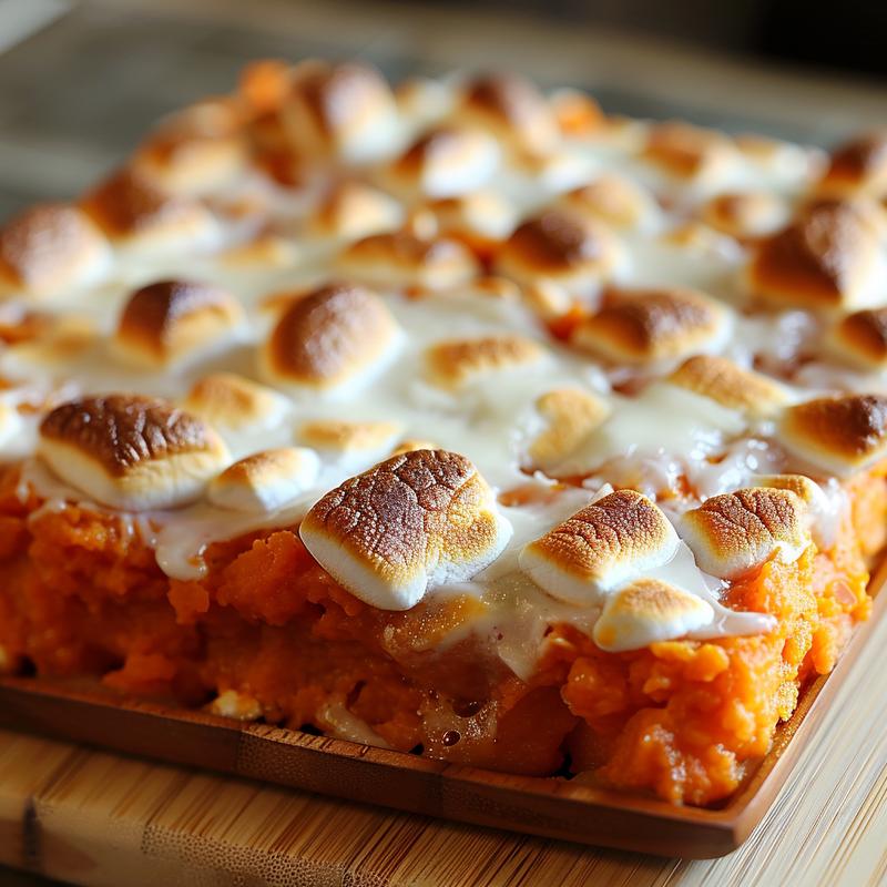 Close-up of sweet potato casserole topped with golden marshmallows on a wood board.