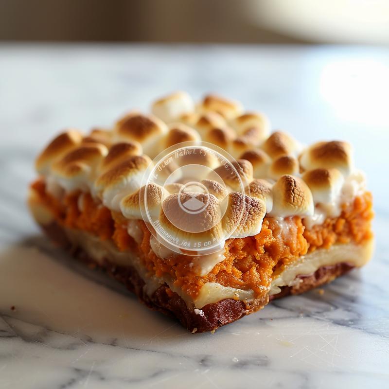 A close-up view of a creamy sweet potato casserole topped with toasted marshmallows, set on a white marble surface.
