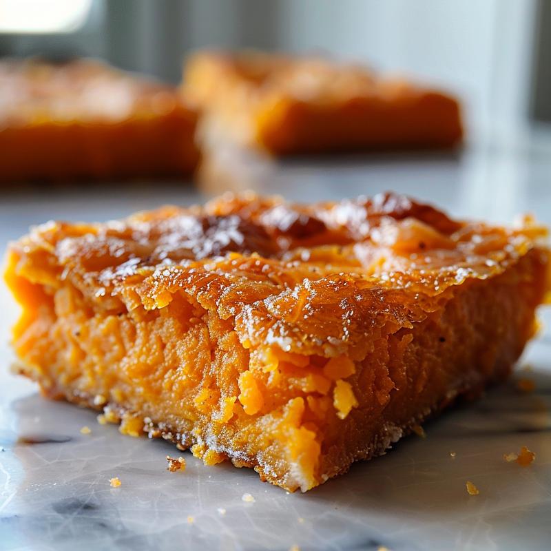 A close-up of a creamy sweet potato casserole with a golden-brown topping on a marble surface.