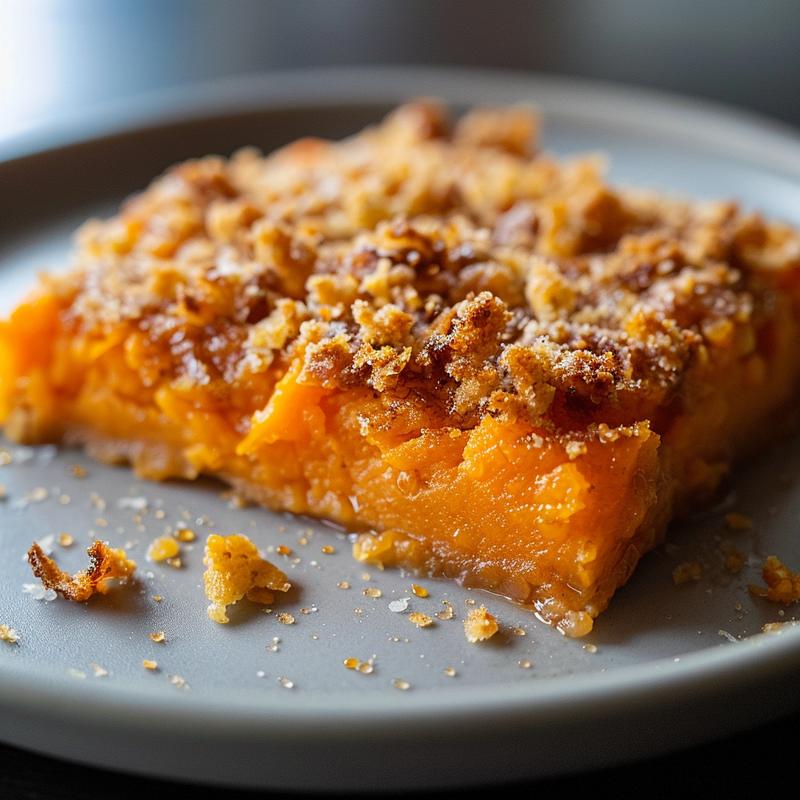 Close-up of a creamy sweet potato casserole on a light grey plate, showcasing its texture.