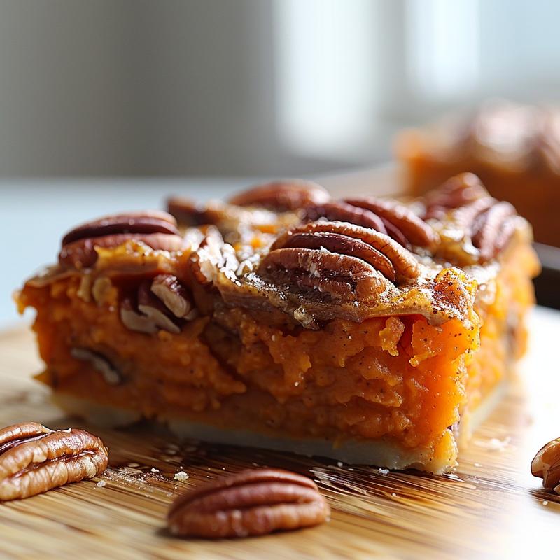 Close-up of a creamy sweet potato casserole topped with a golden-brown crust on a grey plate.