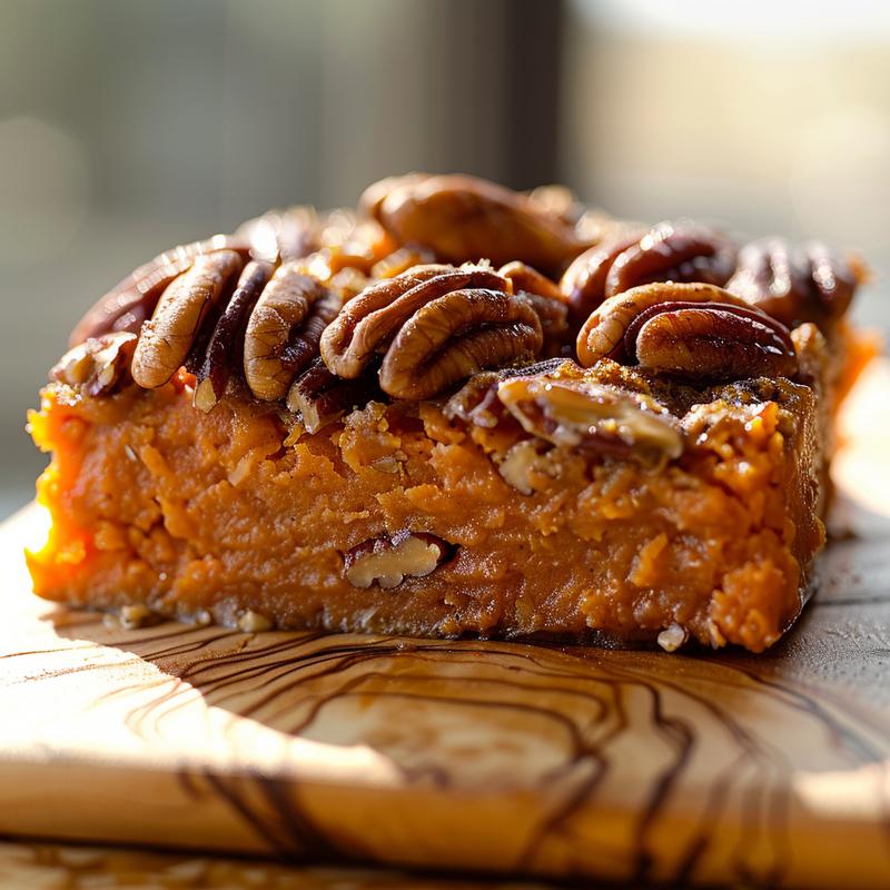 A close-up of a slice of pumpkin dump cake on a light grey ceramic plate, illuminated by natural light.