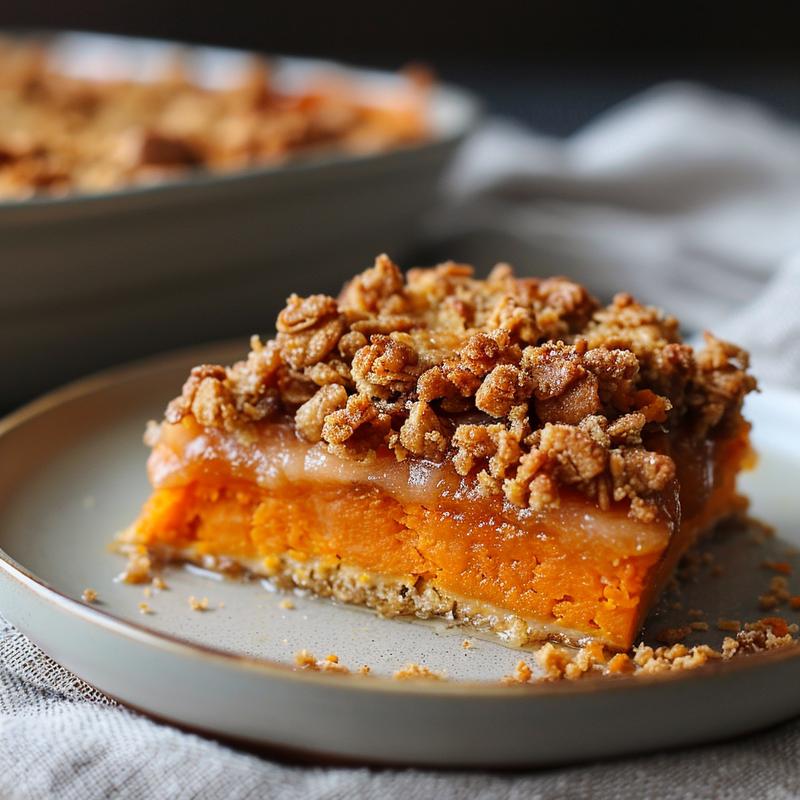 Close-up of a sweet potato casserole with a golden, fluffy topping on a wooden board.