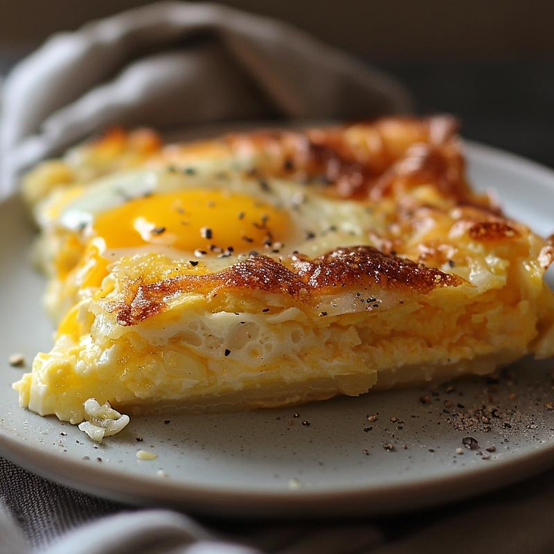 A close-up view of a golden-brown egg bake casserole on a light grey plate.