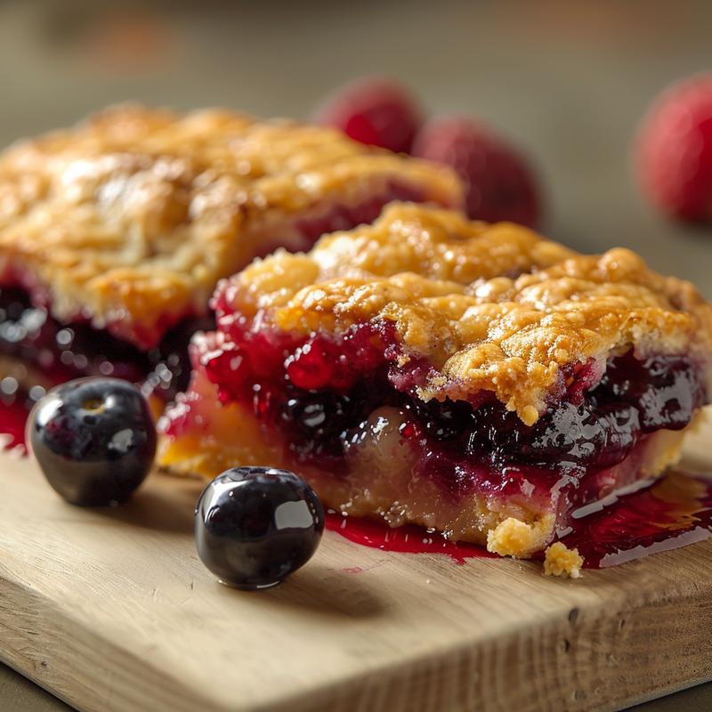 Close-up view of a slice of mixed berry cobbler on a wooden board, highlighting its texture and vibrant colors.