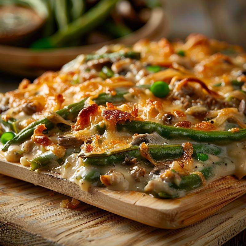 Close-up of a creamy green bean casserole with crispy onion topping on a wooden board.