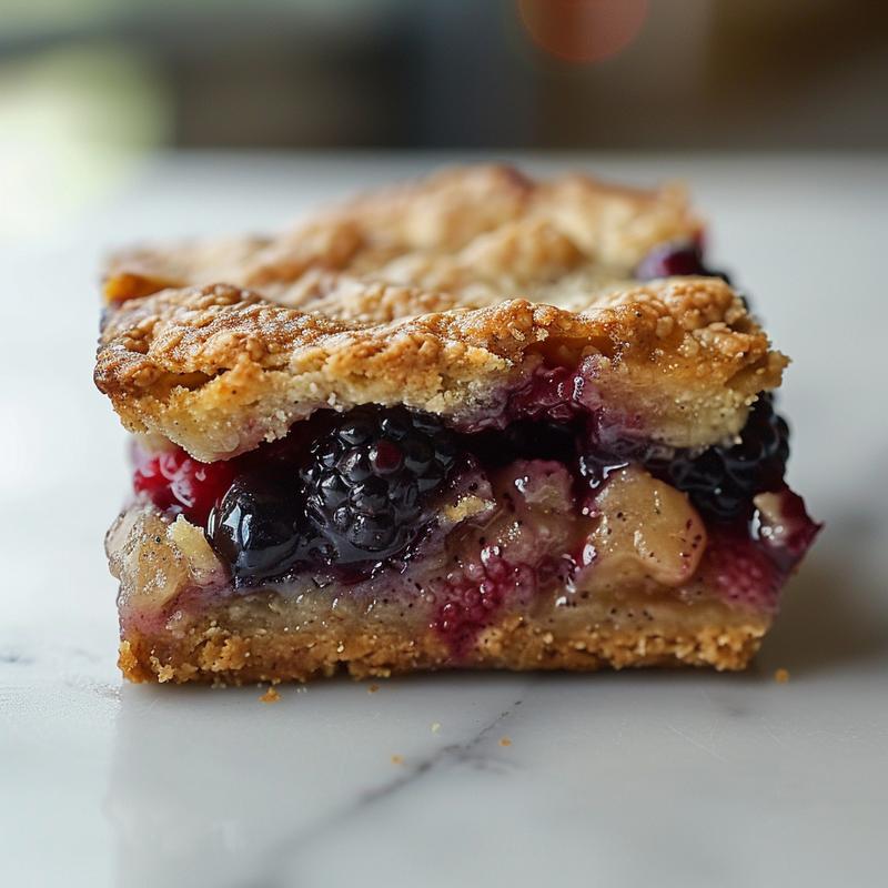 Close-up of a slice of apple cobbler on a marble surface, showcasing its flaky crust and spiced apple filling.