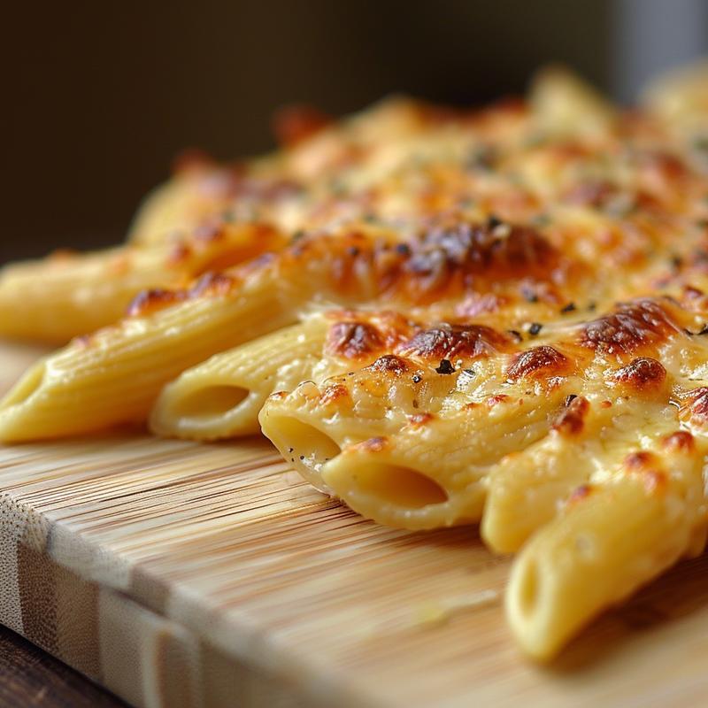 Close-up view of a portion of no-boil pasta bake on a wooden board.