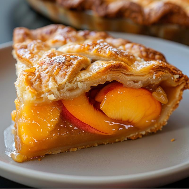 Close-up view of a perfectly baked peach cobbler slice on a light grey ceramic plate.